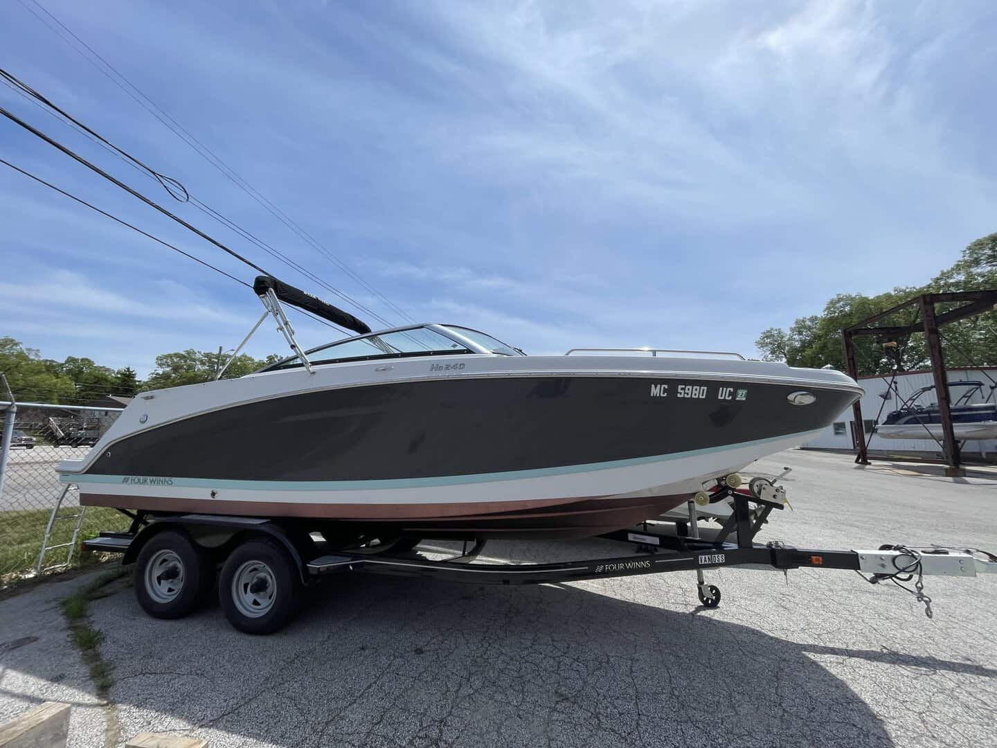 Speedboat on trailer ready for transport at Hall's Sport Center.